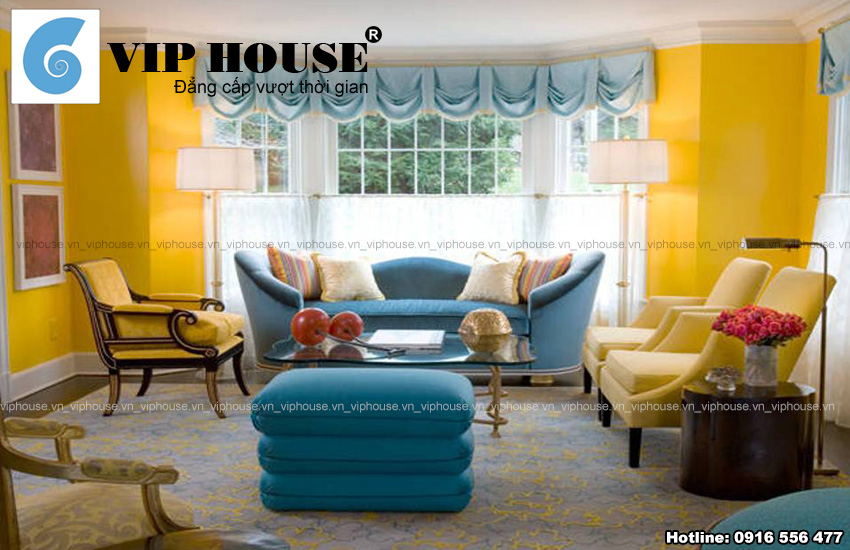Trang trí phòng khách với gam màu xanh vàng